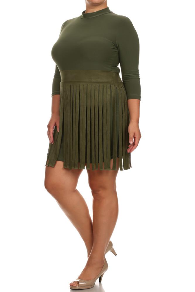 Plus Size Suede Fringe Skirt Olive Dress