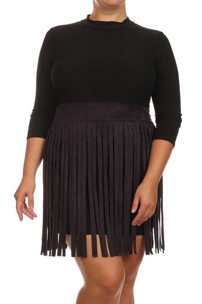 Plus Size Suede Fringe Skirt Black Dress