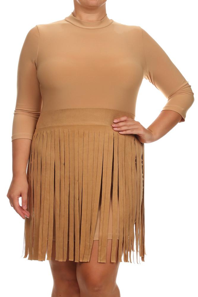 Plus Size Suede Fringe Skirt Tan Dress