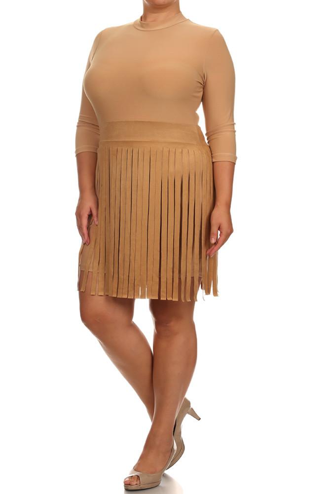 Plus Size Suede Fringe Skirt Tan Dress