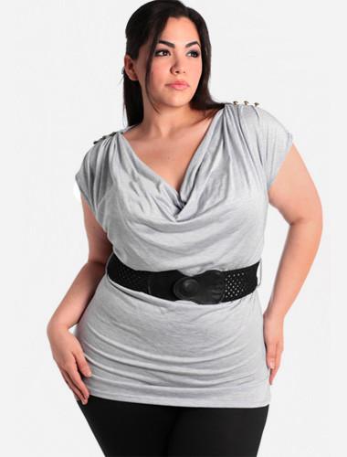 Plus Size Drape Neck Pleated Grey Blouse