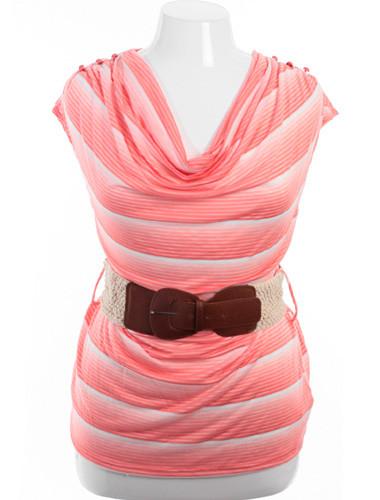 Plus Size Belted Drape Neck White And Peach Striped Top