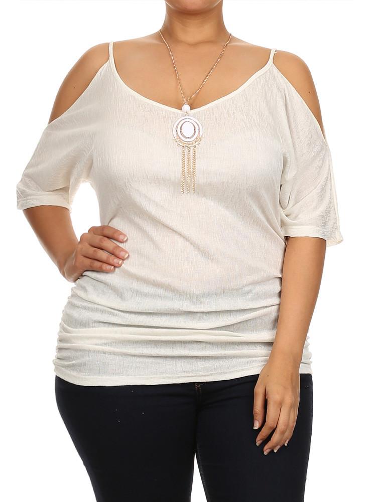 Plus Size Ruched Cut Out Shoulders White Tunic