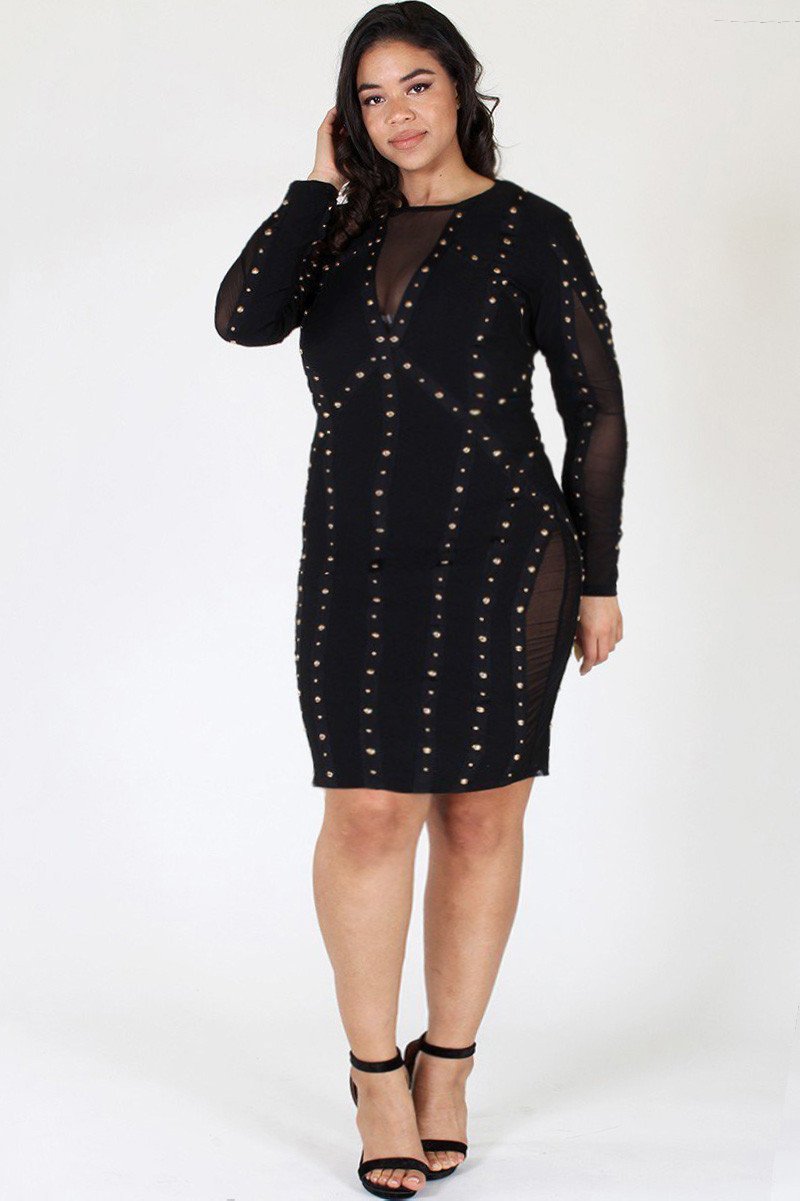 Plus Size Sexy Button Detail Mesh Sides Cocktail Dress