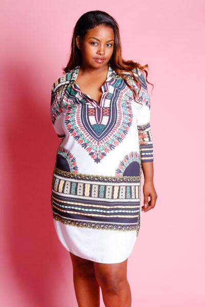 Plus Size Detailed Dashiki Collar Mini Dress