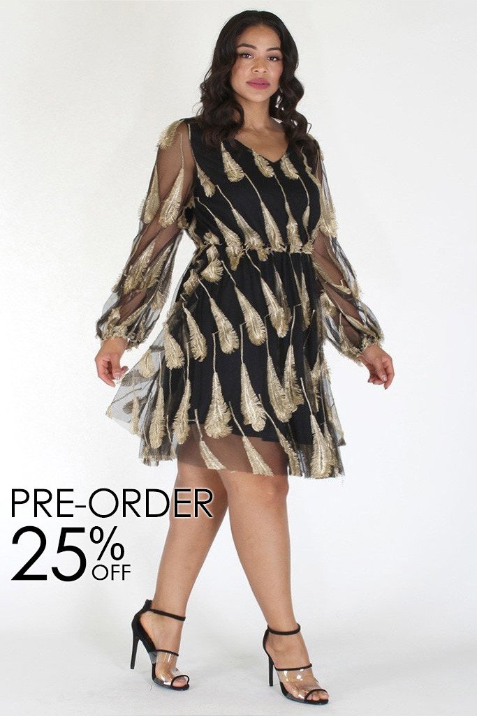 Plus Size Gold Embroidered Feather Queen See-Through Dress [PRE-ORDER 25% OFF]