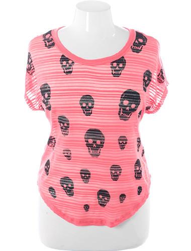 Plus Size Rocker Skull See Through Pink Top