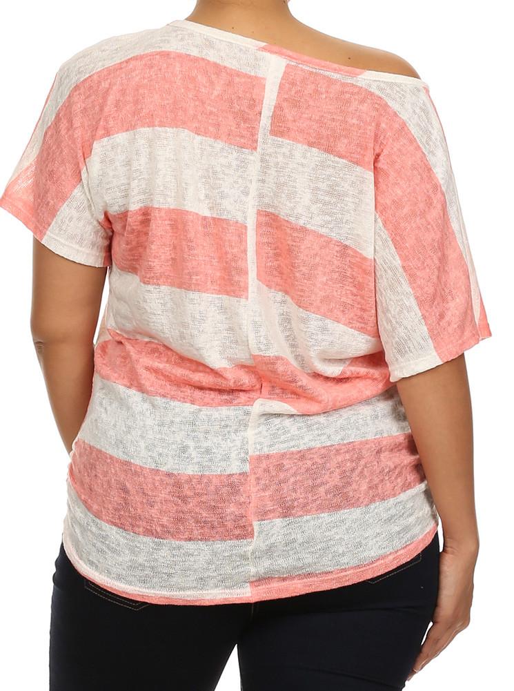 Plus Size Striped See Through Knit Pink Top