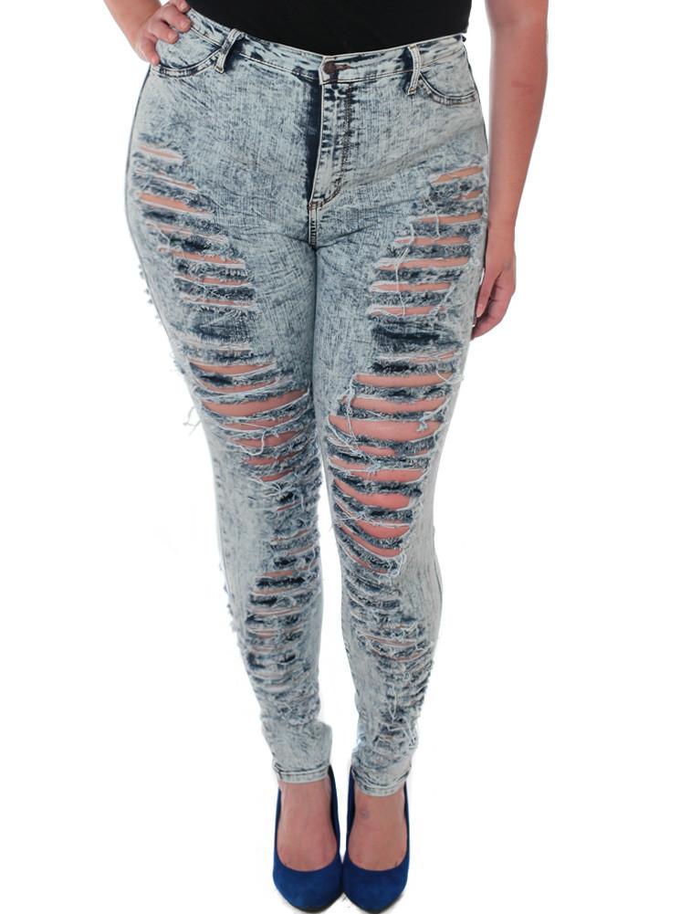 Plus Size Front and Back Slashed Acid Jeans