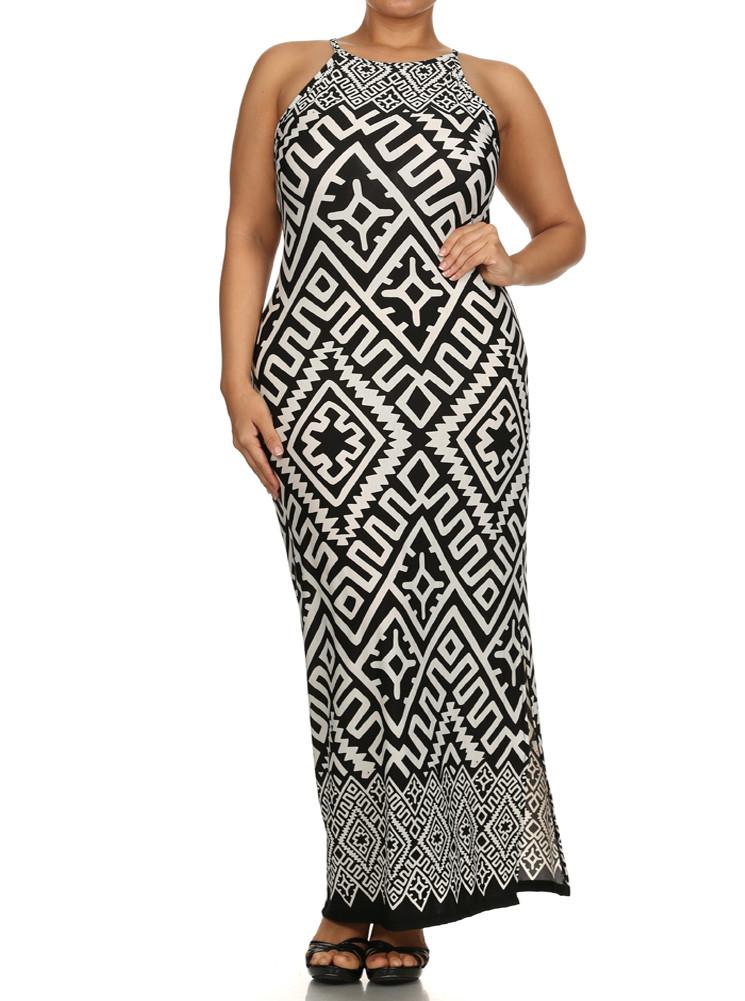 Plus Size Stylish Tribal Print Maxi Dress