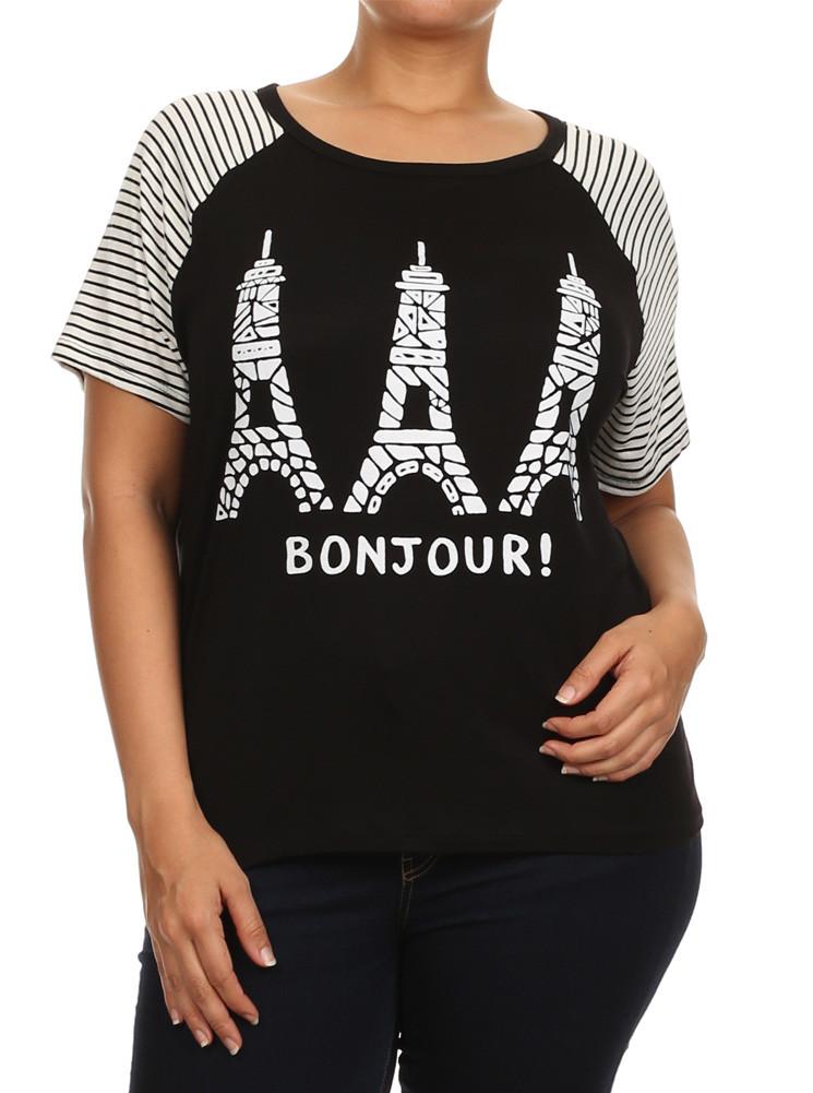 Plus Size Bonjour Striped Sleeves Top