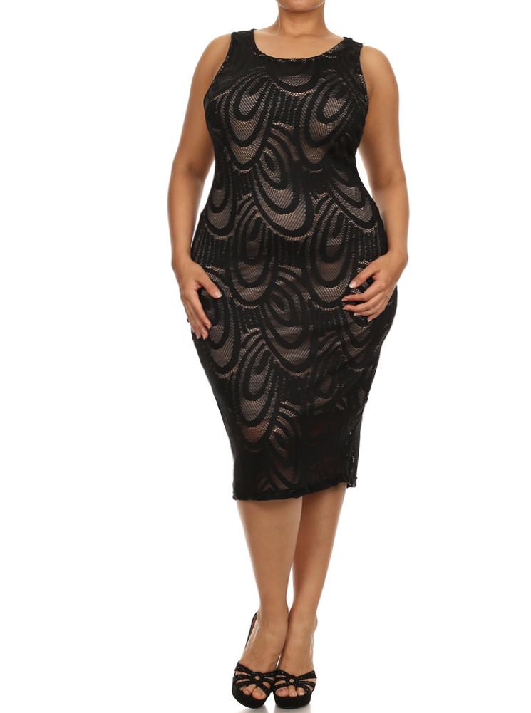 Plus Size Ocean Breeze Knit Overlay Midi Black Dress