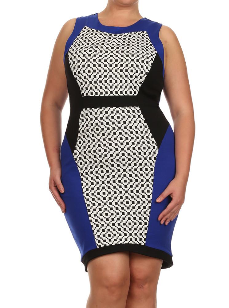 Plus Size Checkered Pastel Colorblock Navy Blue Dress