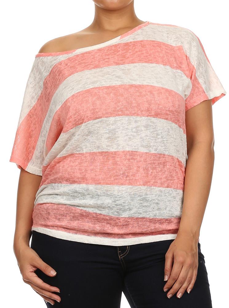 Plus Size Striped See Through Knit Pink Top