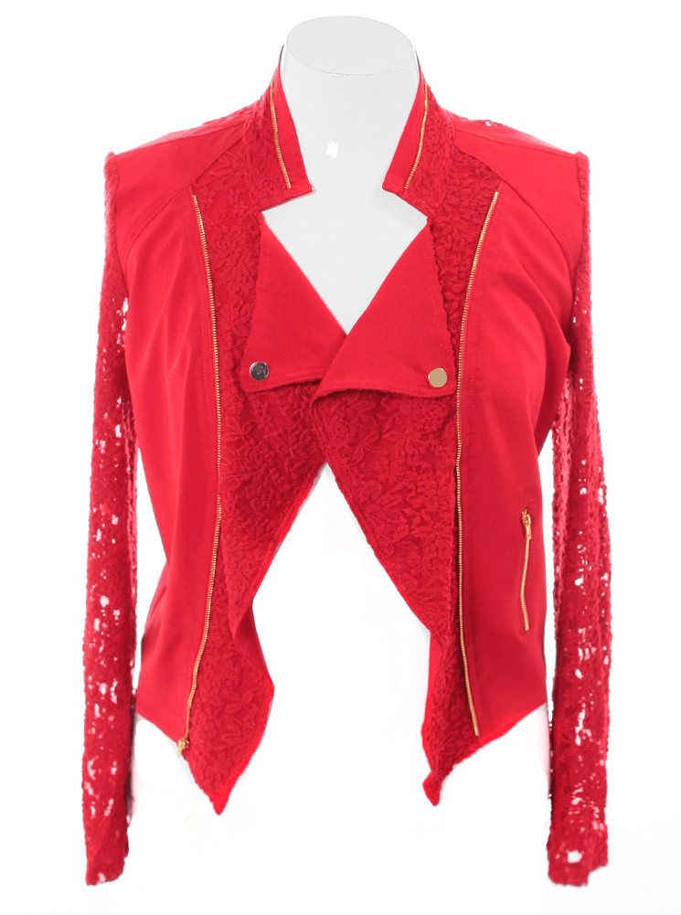 Plus Size Lace Sleeves Red Biker Jacket