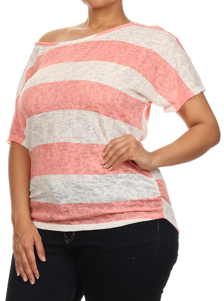 Plus Size Striped See Through Knit Pink Top