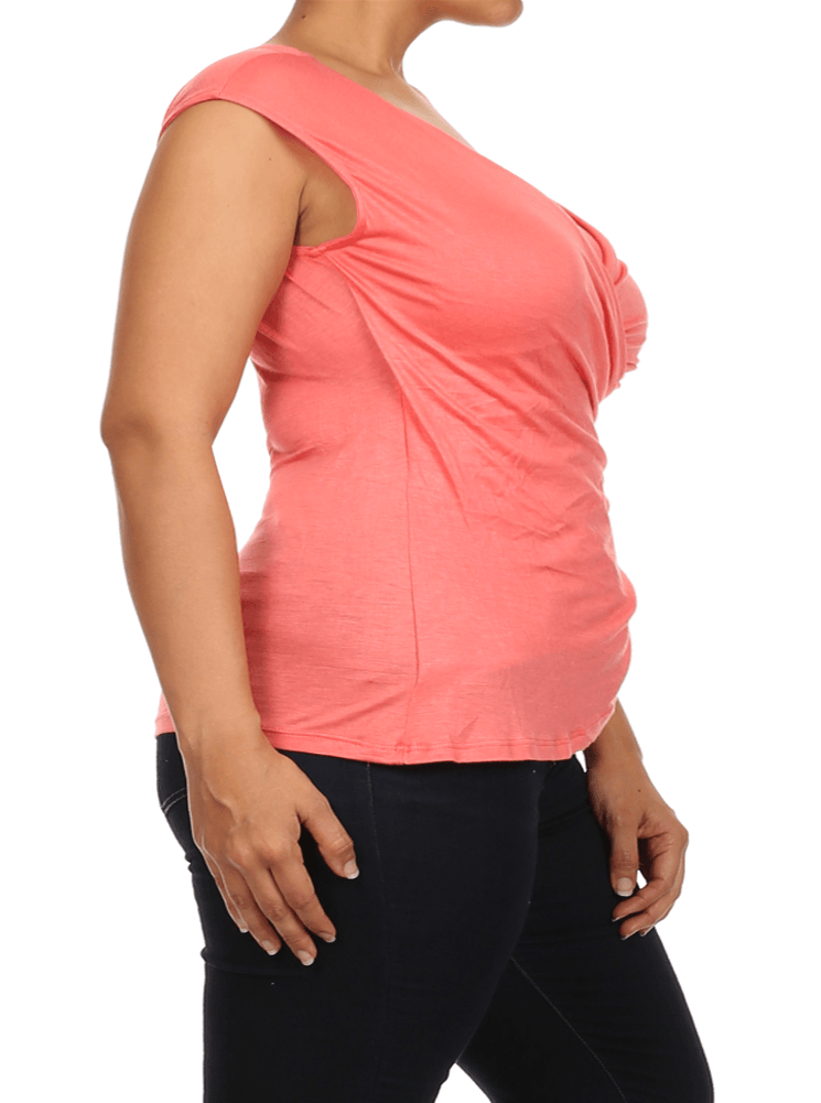 Plus Size Chic Drapey Cross Over Coral Top