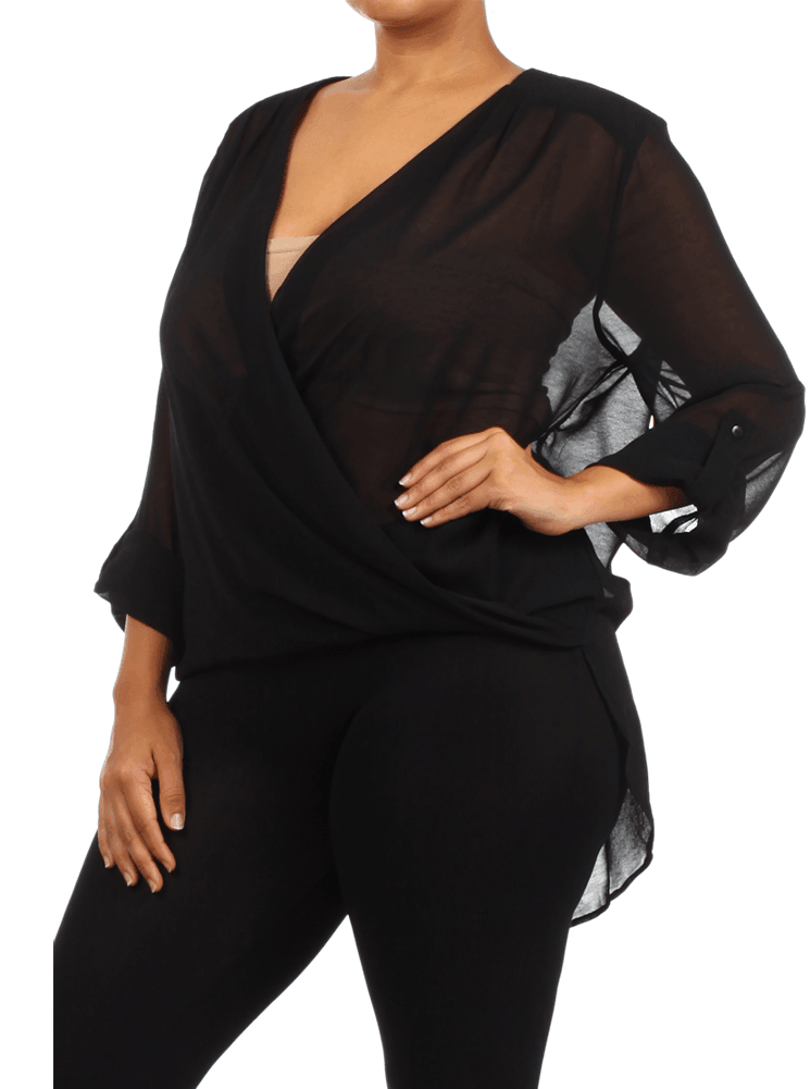 Plus Size Sexy Open Front Sheer Wrap Blouse
