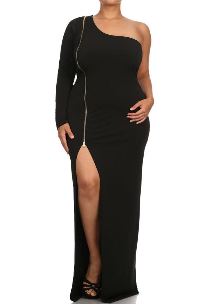 Plus Size Sexy One Sleeve Zipper Maxi Black Dress