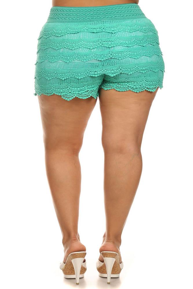 Plus Size Layered Lace Banded Mini Mint Shorts