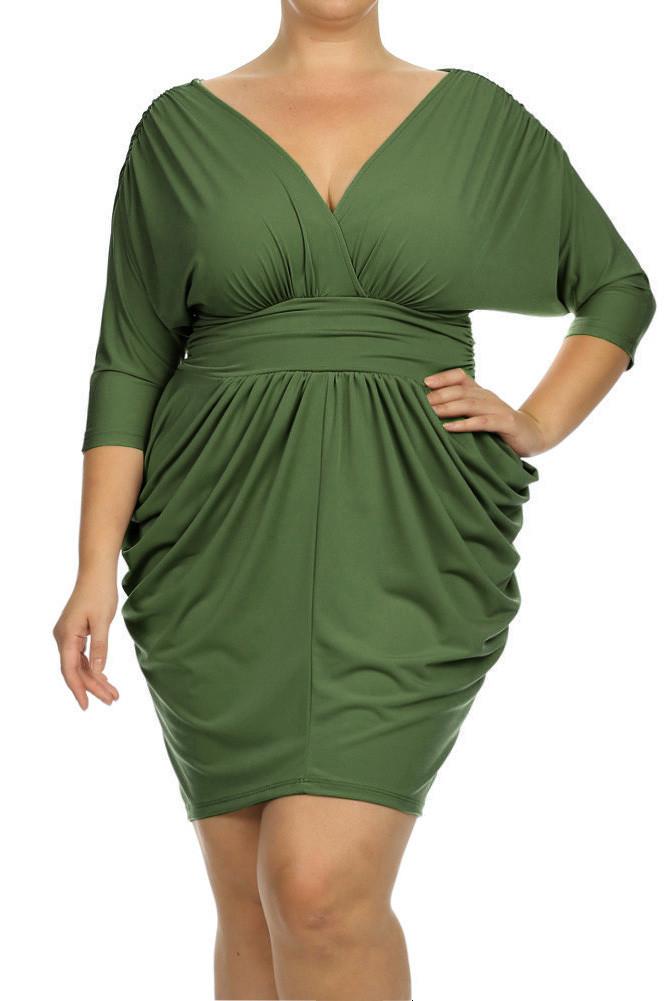 Plus Size Divine V Neck Pleated Olive Dress