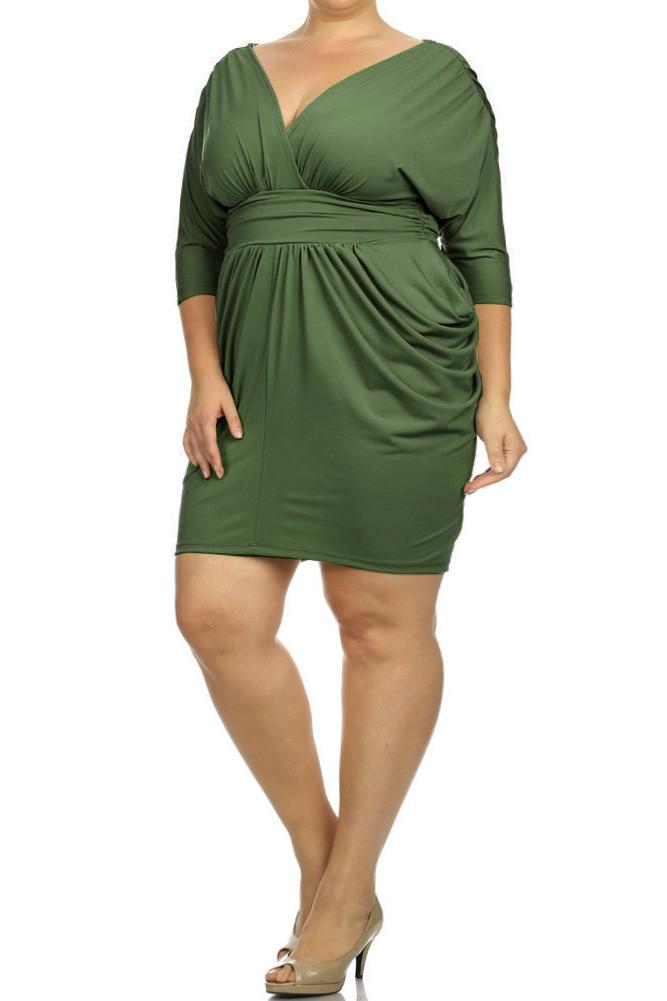 Plus Size Divine V Neck Pleated Olive Dress