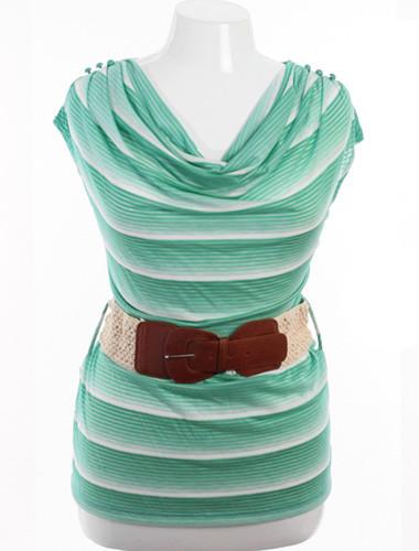 Plus Size Belted Drape Neck White And Green Striped Top