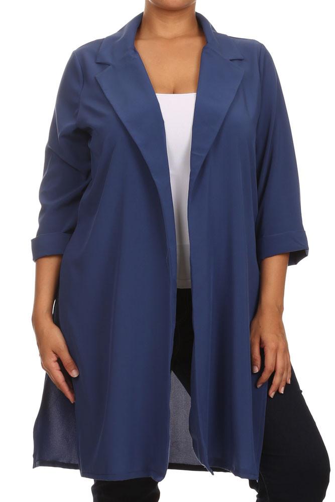 Plus Size In Town Sheer Split Sides Blue Jacket