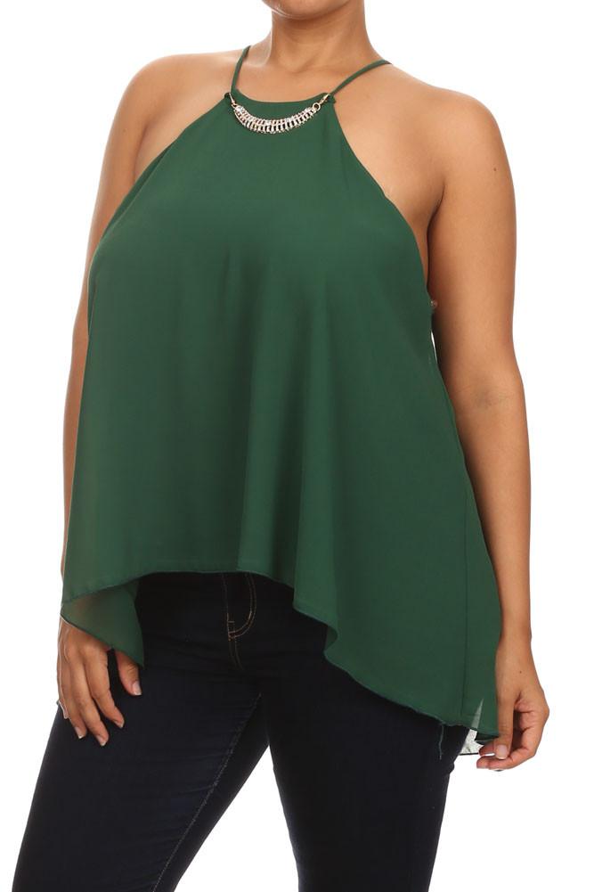 Plus Size Diamond Neckline Sheer Green Top