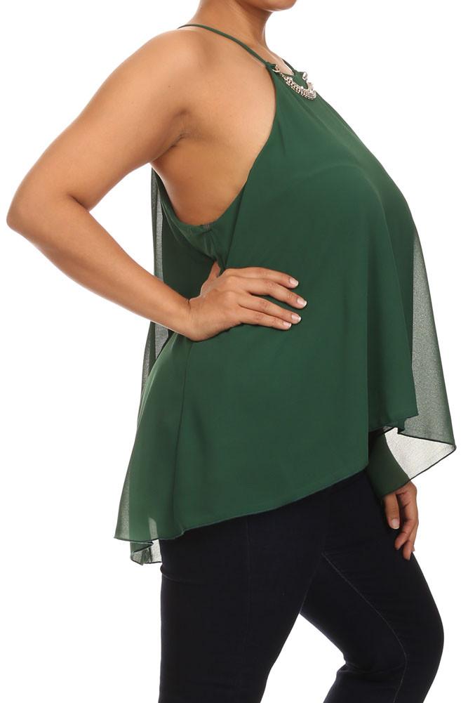 Plus Size Diamond Neckline Sheer Green Top