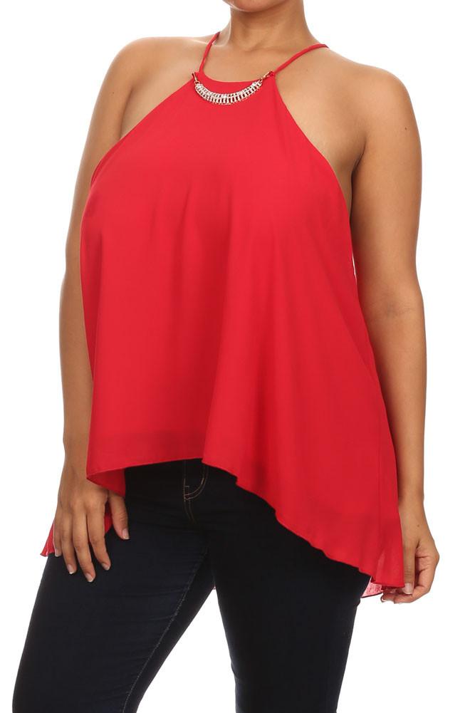 Plus Size Diamond Neckline Sheer Red Top