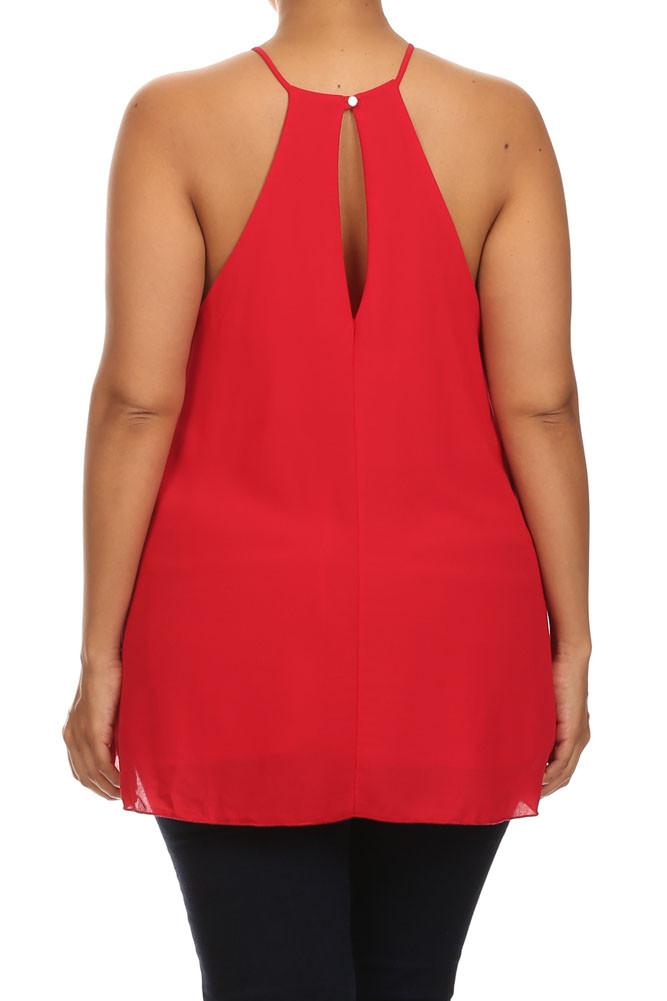 Plus Size Diamond Neckline Sheer Red Top