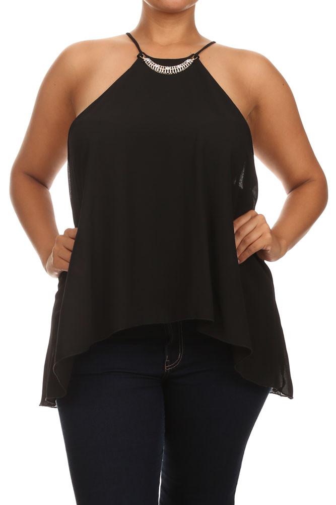 Plus Size Diamond Neckline Sheer Black Top