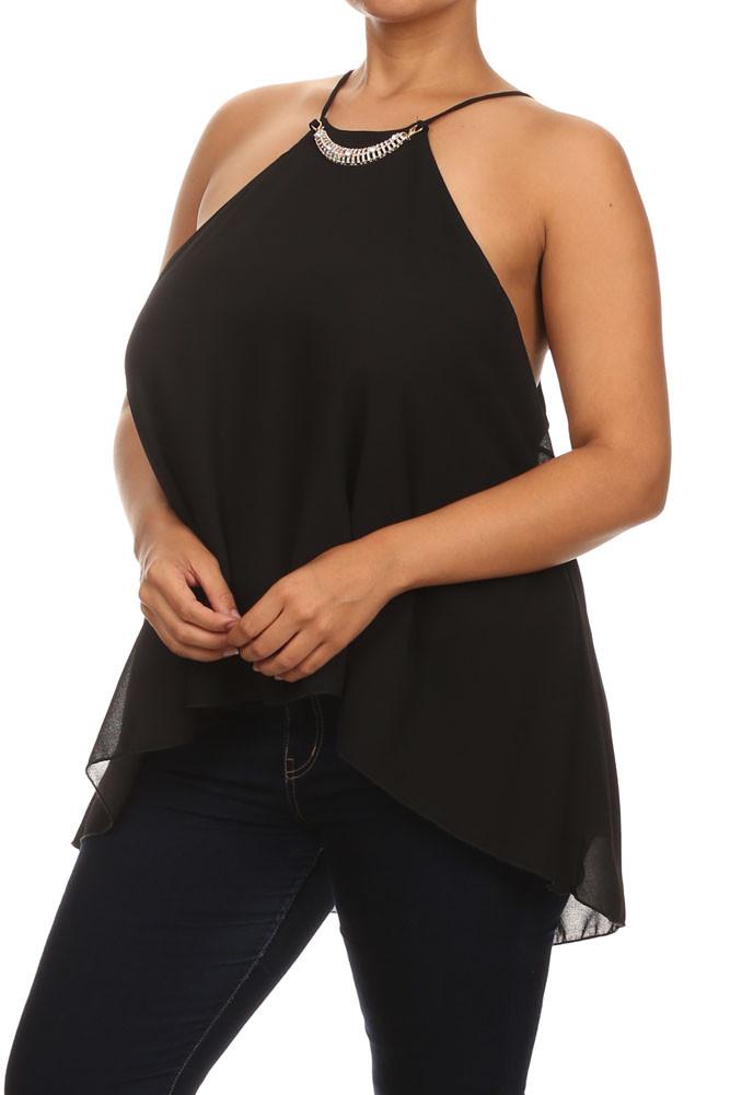 Plus Size Diamond Neckline Sheer Black Top