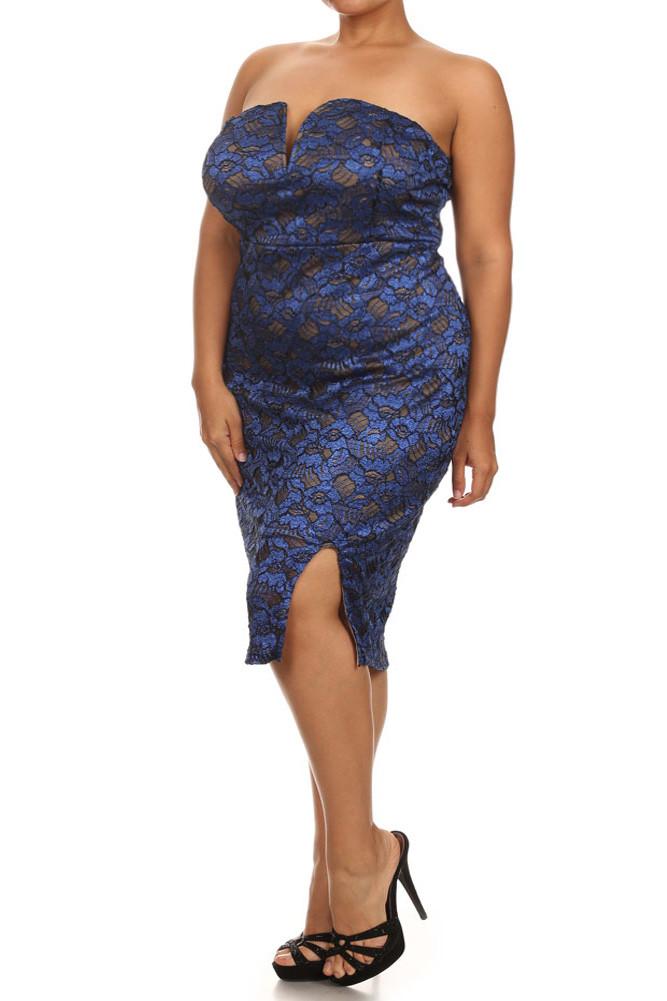 Plus Size Sparkling Flower Blue Plunging Dress