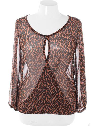 Plus Size Seductive Flowing Leopard See Through Blouse