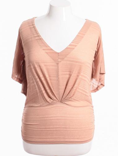 Plus Size Sexy Sparkling Striped V-Neck Tan Blouse