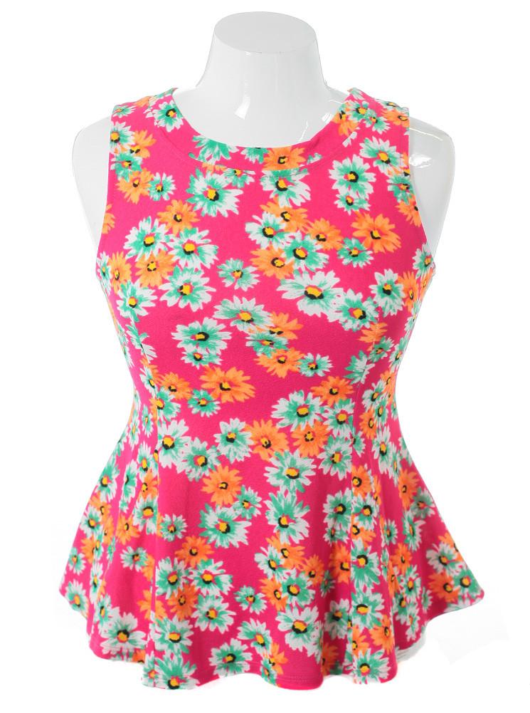 Plus Size Sleeveless Flower Pink Top