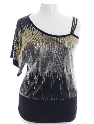 Plus Size Sparkling Gold Silver One Shoulder Top