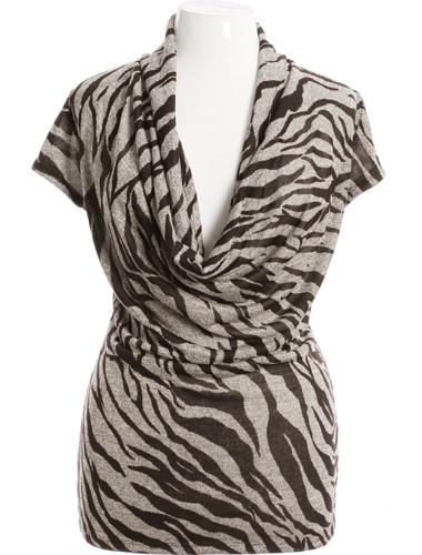 Plus Size Sexy Tiger Drape Neck Tan Top