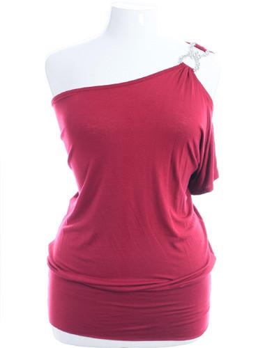 Plus Size One Shoulder Diamond Strap Pink Top