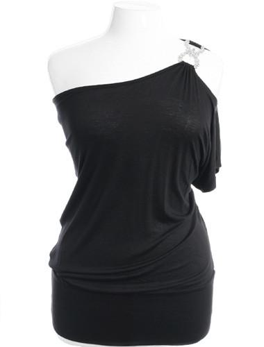 Plus Size One Shoulder Diamond Strap Black Top