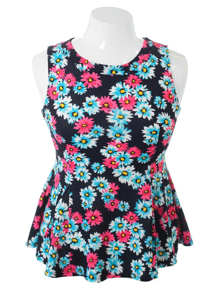 Plus Size Sleeveless Flower Navy Top