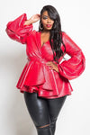 Plus Size Puff Sleeve Faux Leather Peplum Top [SALE]