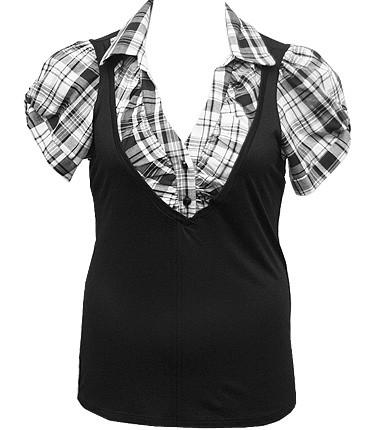 Plus Size Scrunch Plaid Layered Black Top