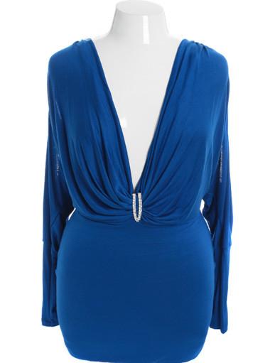 Plus Size Open Shoulder Designer Long Sleeve Blue Long Top