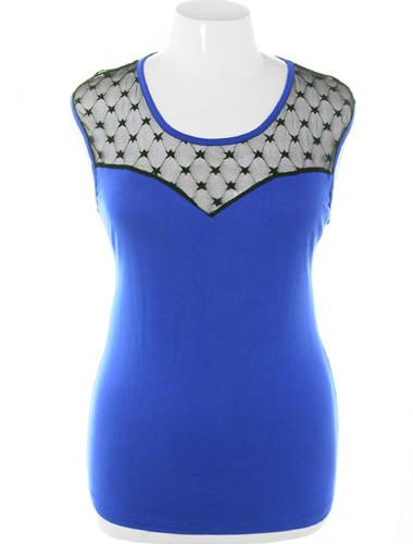 Plus Size See Through Lace Sleeveless Blue Top