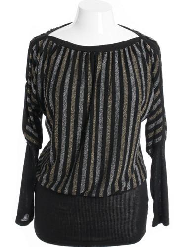 Plus Size Sparkling Stripe Open Sleeve Black Sweater