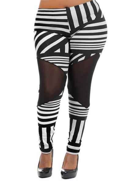 Plus Size Mesh Panel Black White Leggings