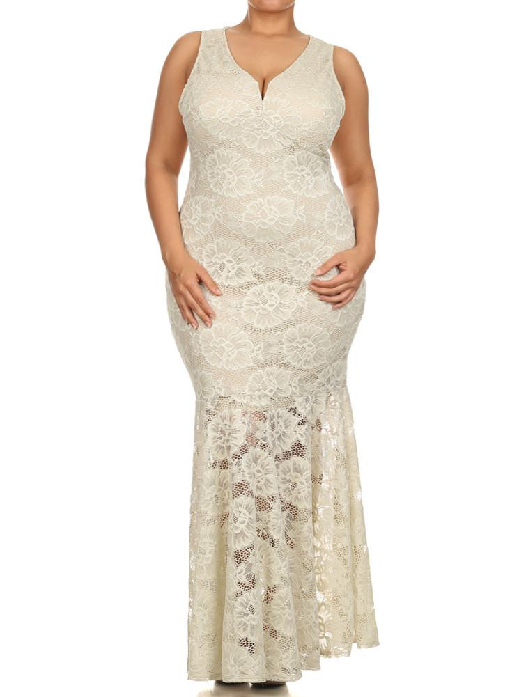 Plus Size Designer Floral Lace Ivory Maxi Dress